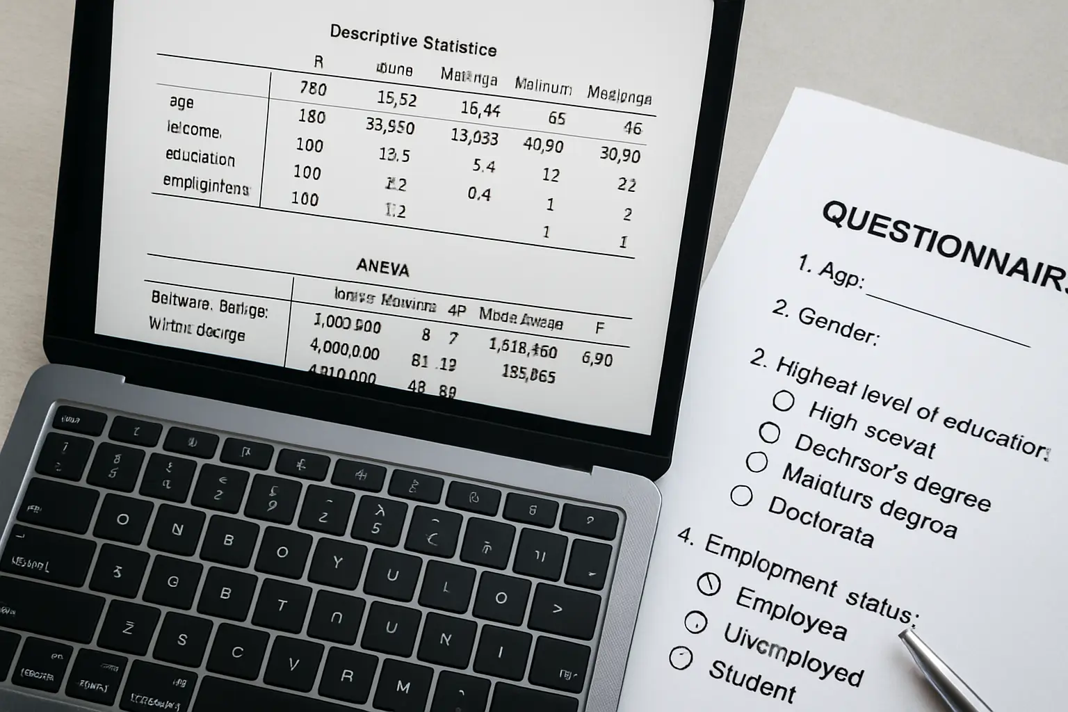 A psychology researcher reviewing statistical output tables on a laptop screen next to a printed questionnaire