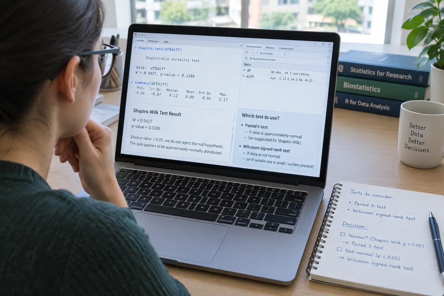 A researcher checking normality test results on a laptop before choosing between a paired t-test and Wilcoxon signed-rank test