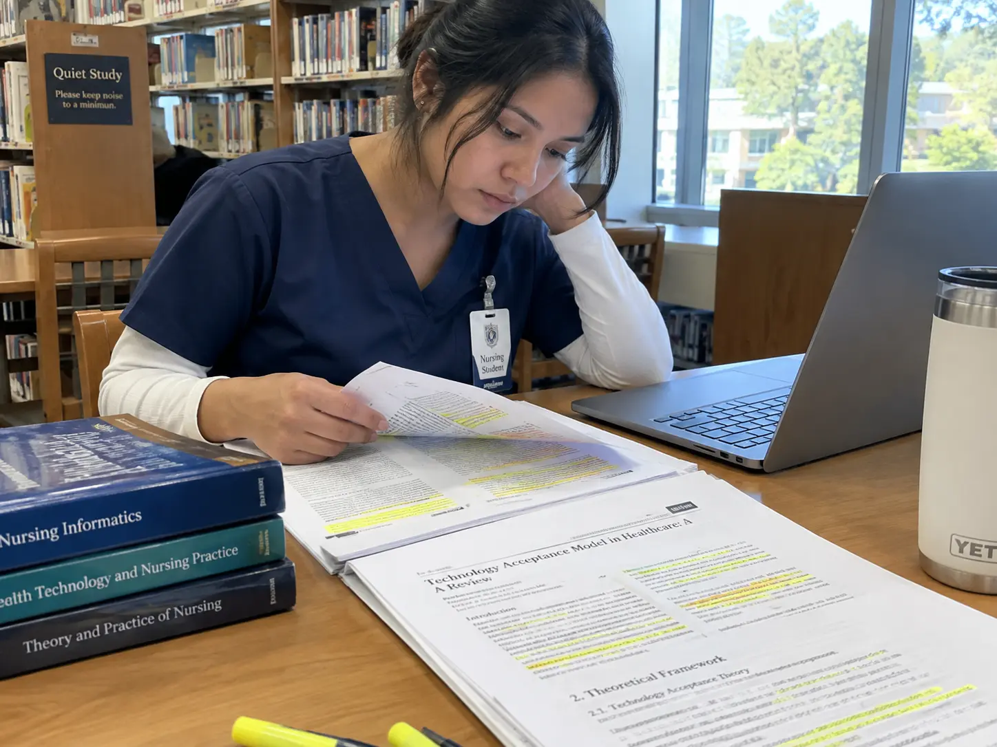 A nursing student reading journal articles to anchor a worked thesis framing to a named theory