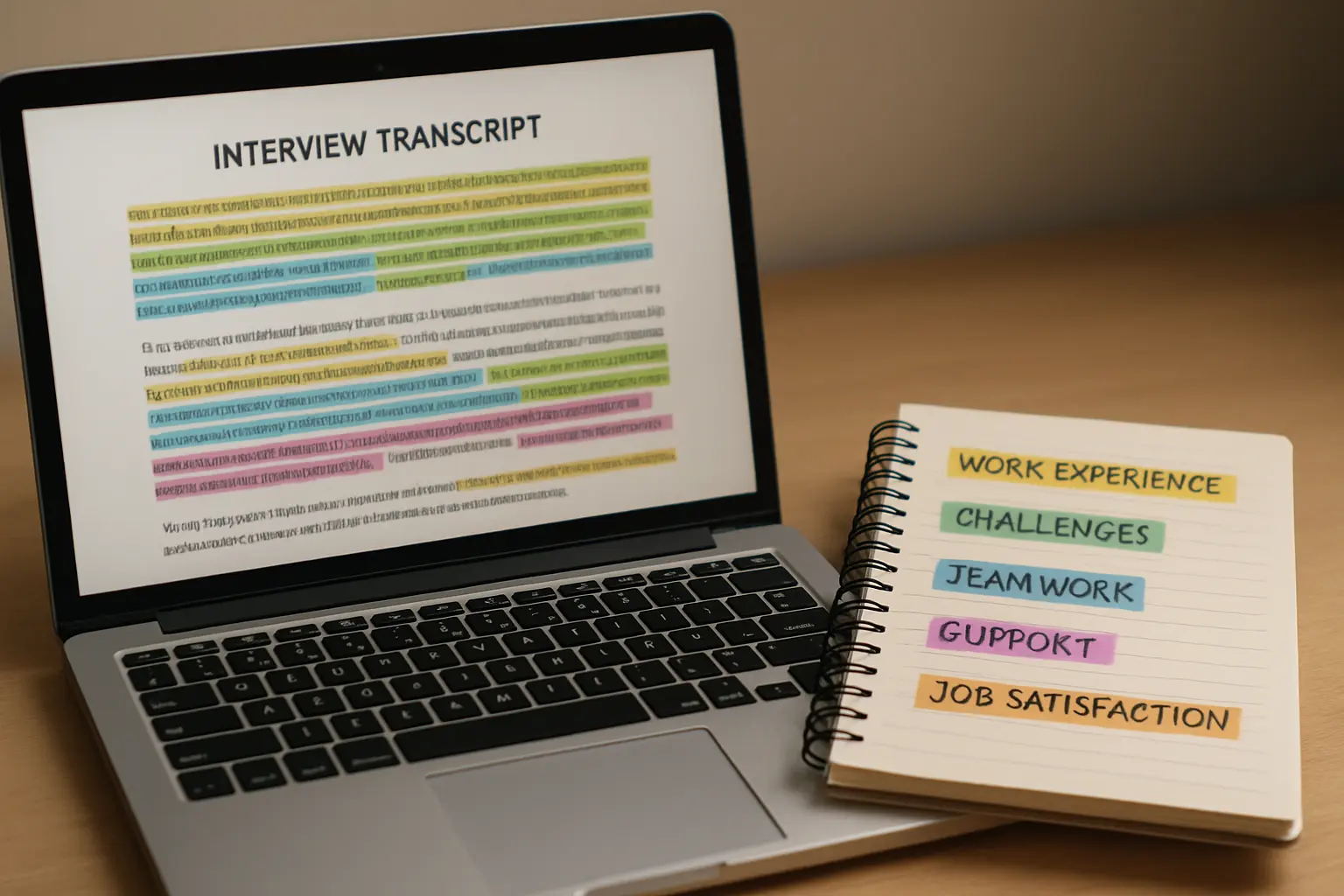 A researcher's laptop screen showing interview transcript excerpts colour-coded into themes, with a notebook of codes beside it