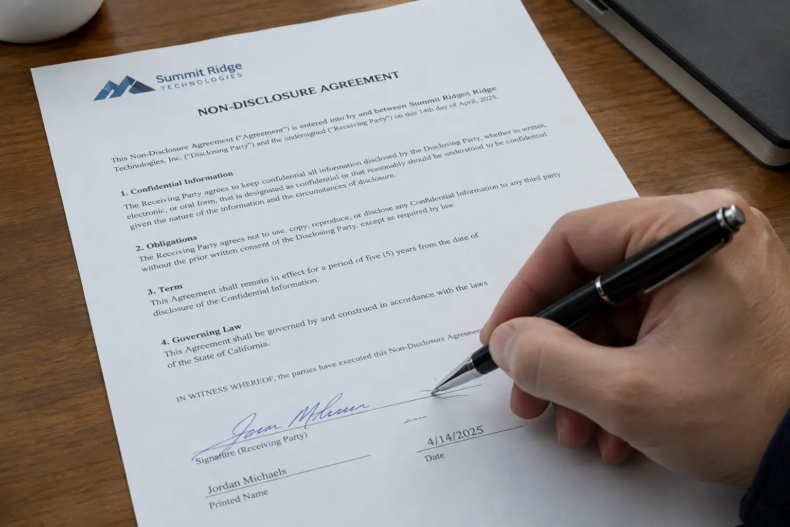 A close-up of a hand signing a printed non-disclosure agreement on company letterhead
