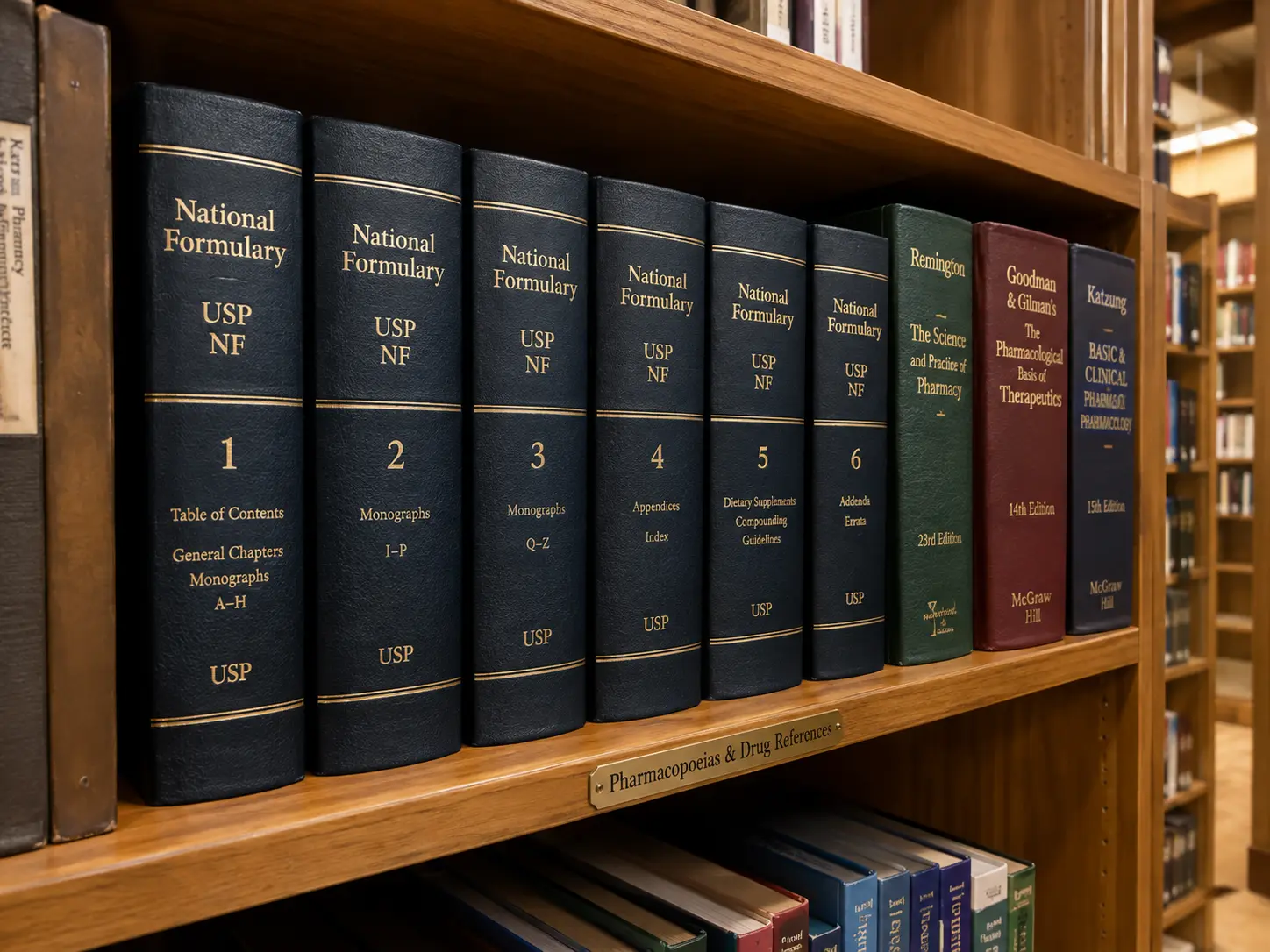 Bound volumes of the Indian Pharmacopoeia on a shelf in a pharmacy college library