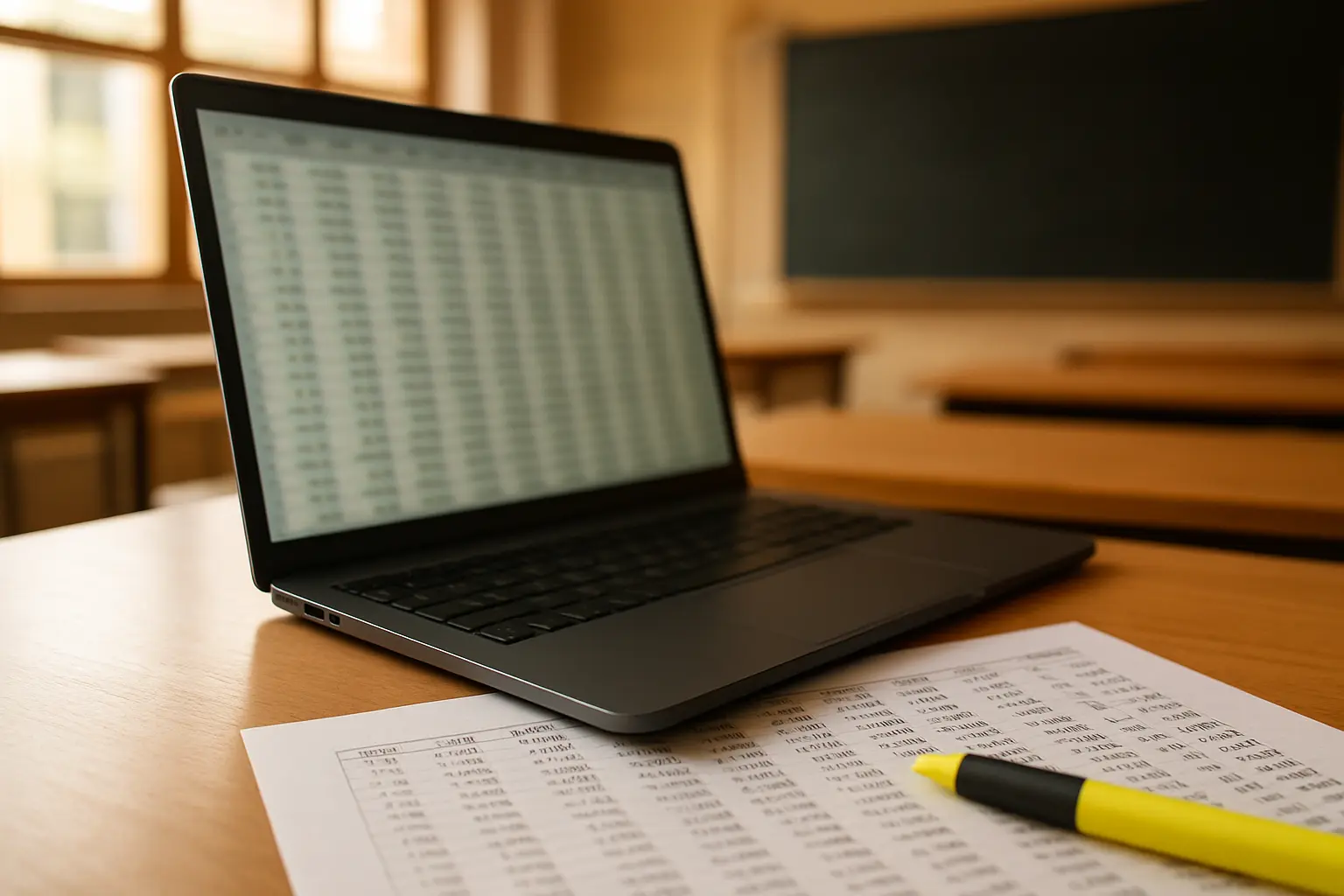 A laptop showing a blurred spreadsheet of figures beside a printed page and a highlighter