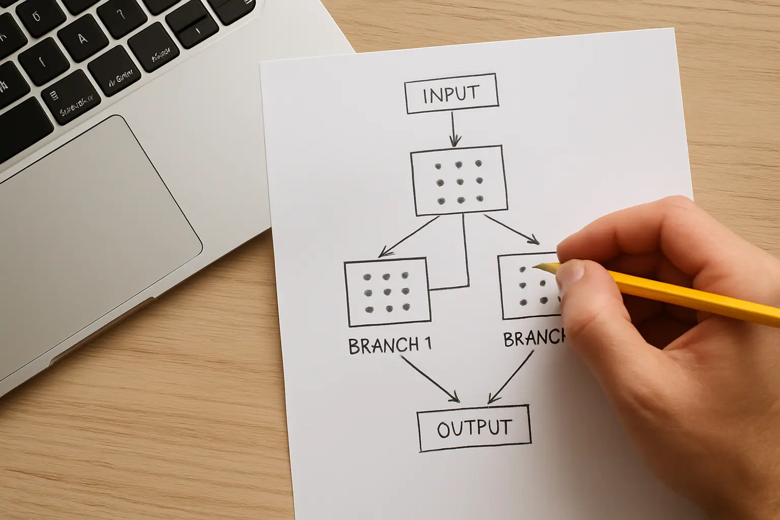 A computer science postgraduate student sketching a system architecture diagram on paper next to a laptop with code visible