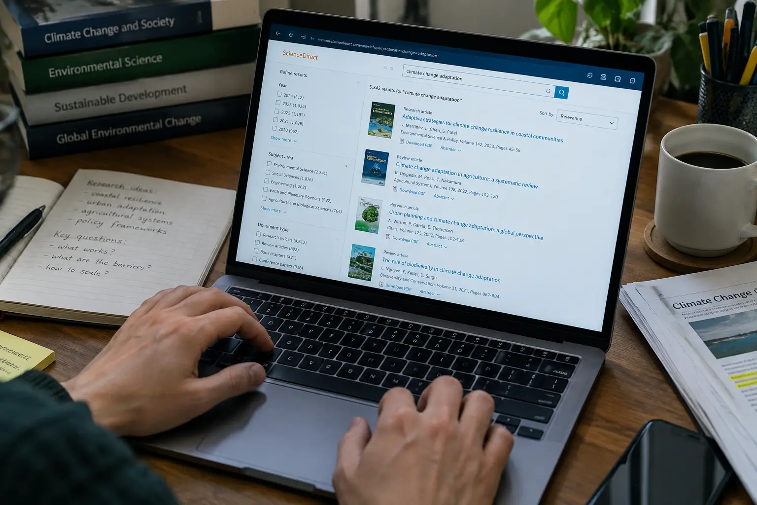 A close-up of a laptop screen showing scientific literature database search results
