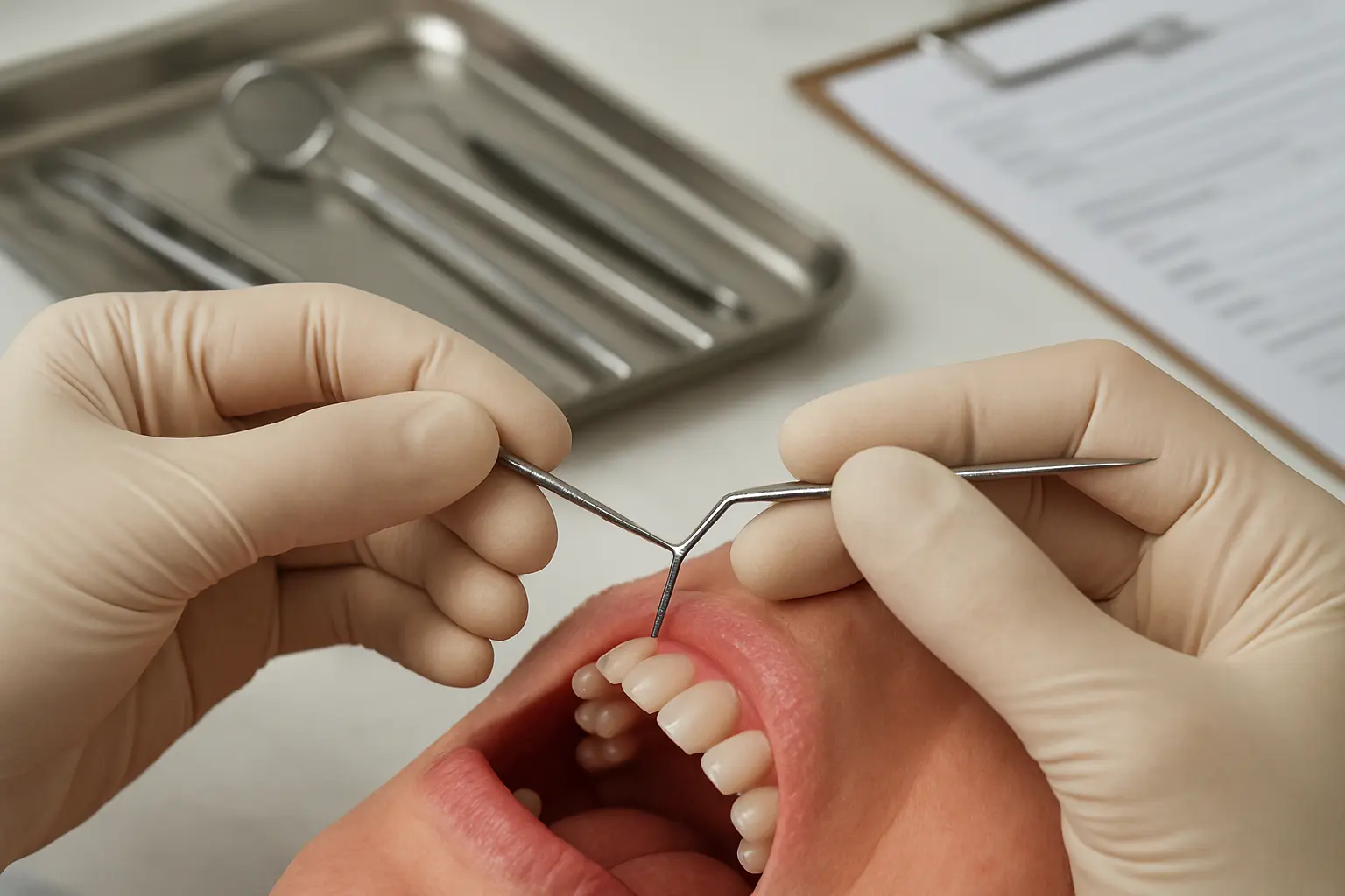 Dentist measuring periodontal pocket depth during a clinical examination for a research sample