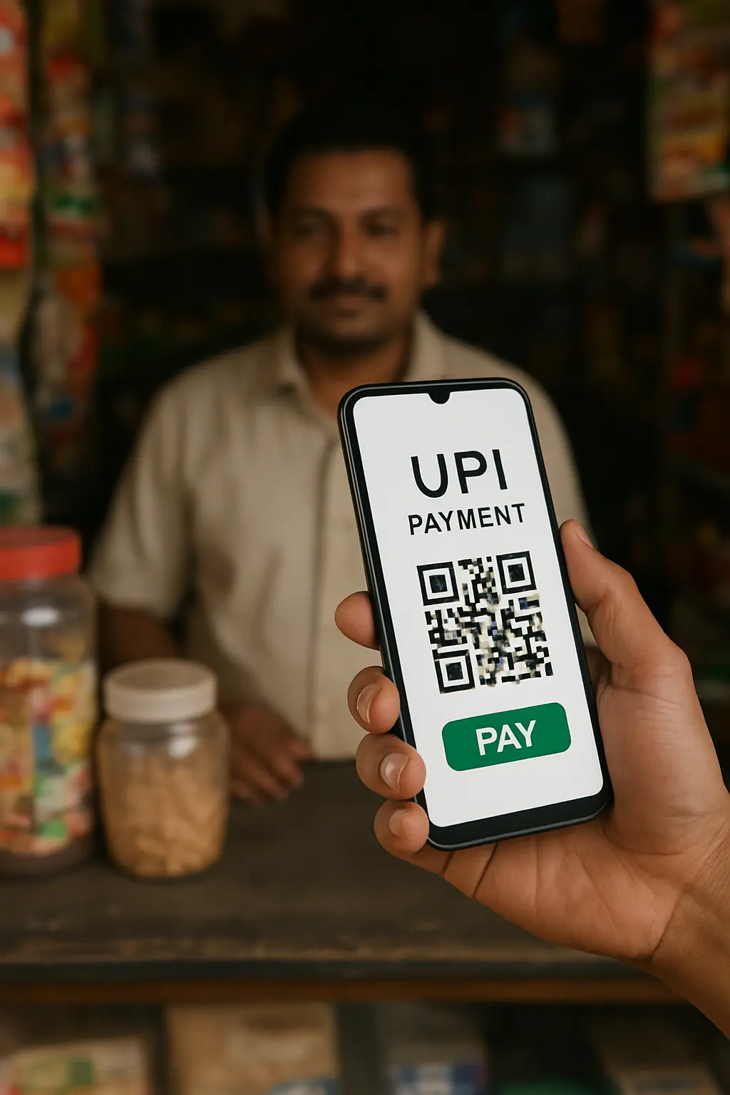 Customer making a UPI digital payment on a smartphone at a retail shop counter in India