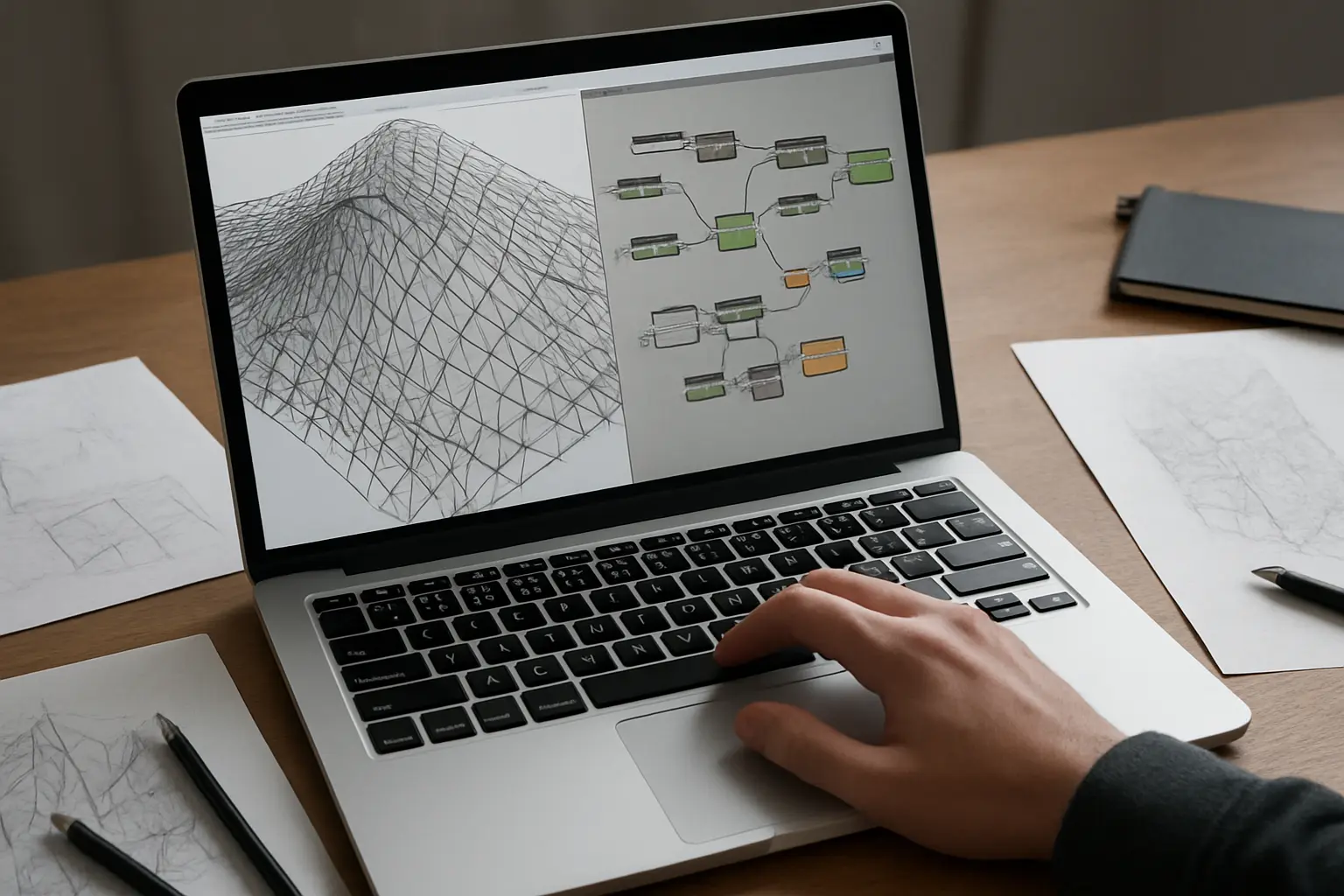 Architecture student working on a parametric facade model in Rhino and Grasshopper on a laptop