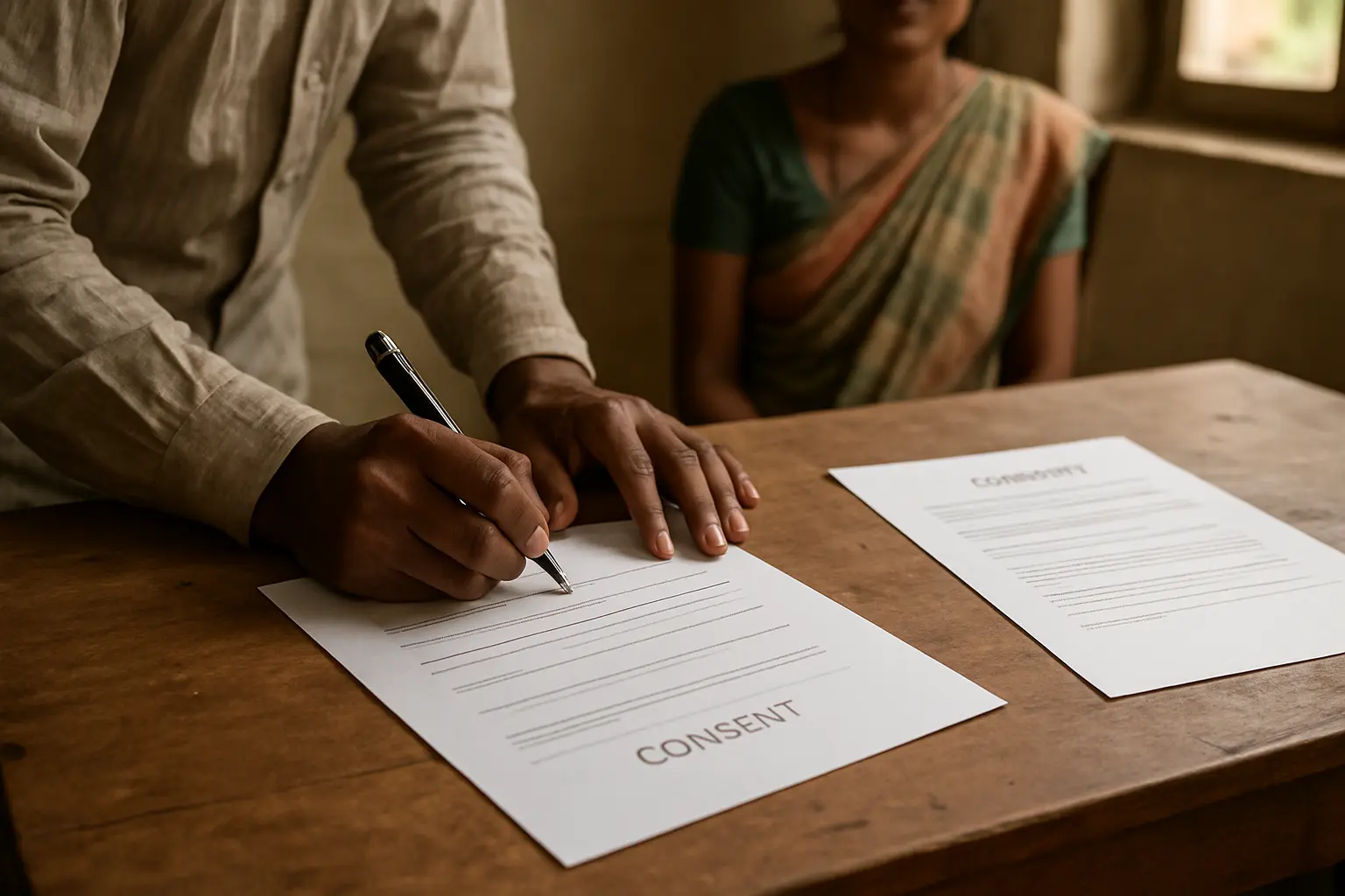 Hands signing a duplicate informed consent form during social work fieldwork in India
