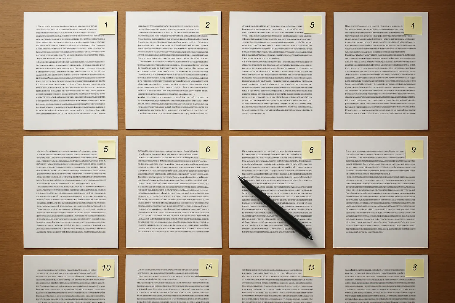 A dozen typed pages laid out in reading order with numbered sticky tabs marking sections