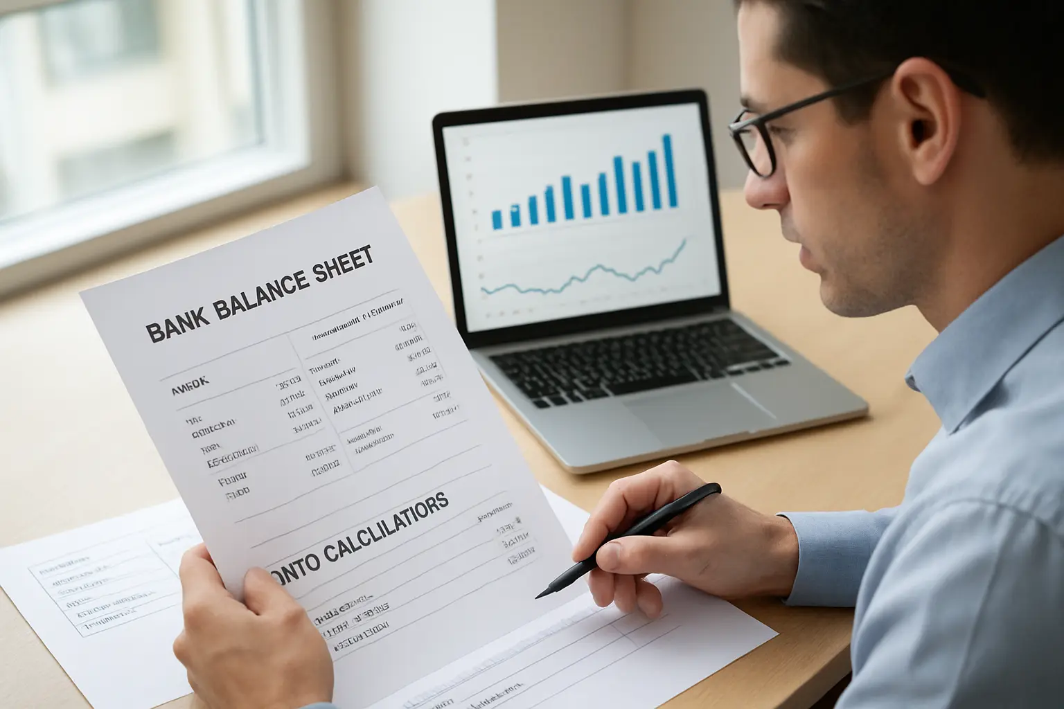 A financial analyst reviewing bank balance sheets and ratio calculations on a desk with a laptop