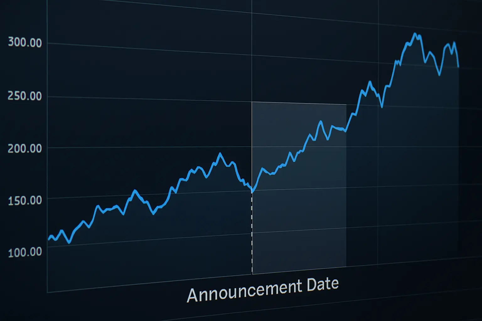 A stock price chart with a marked announcement date and a shaded event window around it, illustrating an event study design