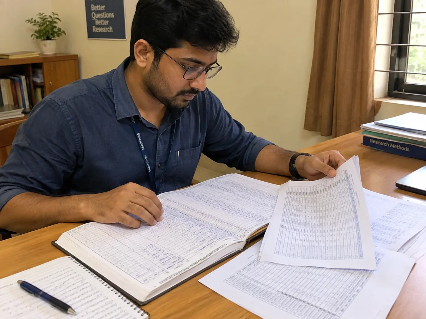 A researcher reviewing school attendance registers and education data tables