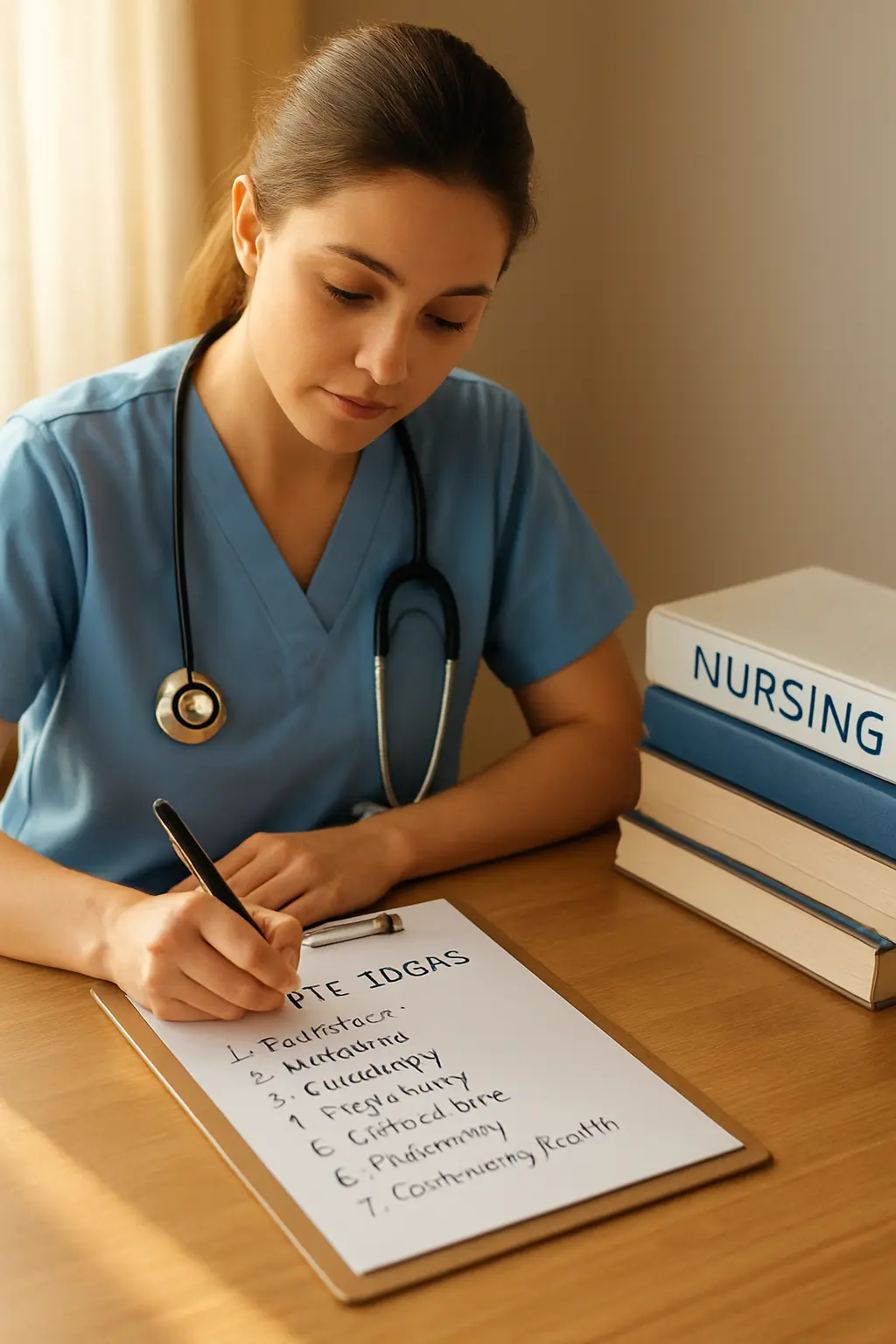 A nursing student writing a clipboard list of dissertation topic ideas across seven specialities, India