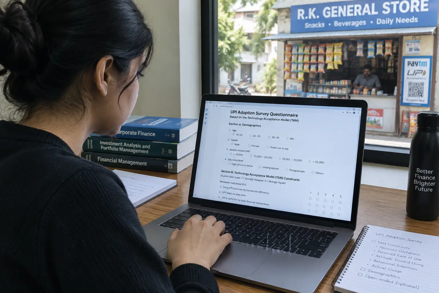 A finance student building a UPI adoption survey questionnaire on a laptop, a small retail shop visible through the window