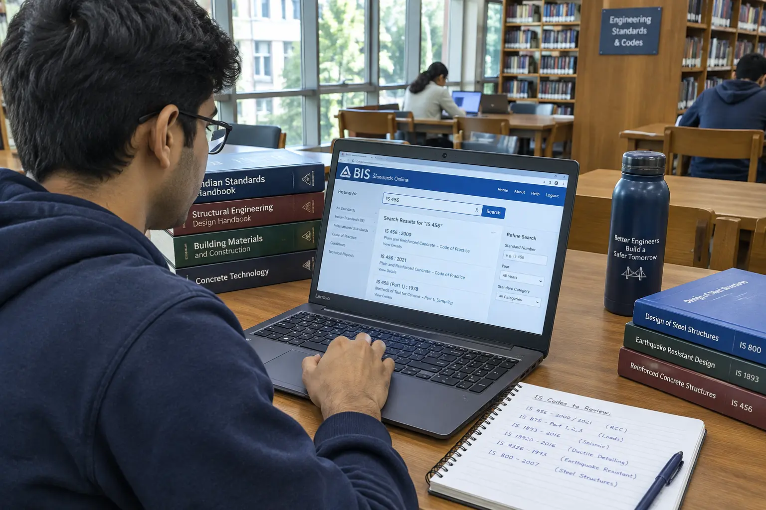 A student searching an engineering standards database on a laptop in a university library