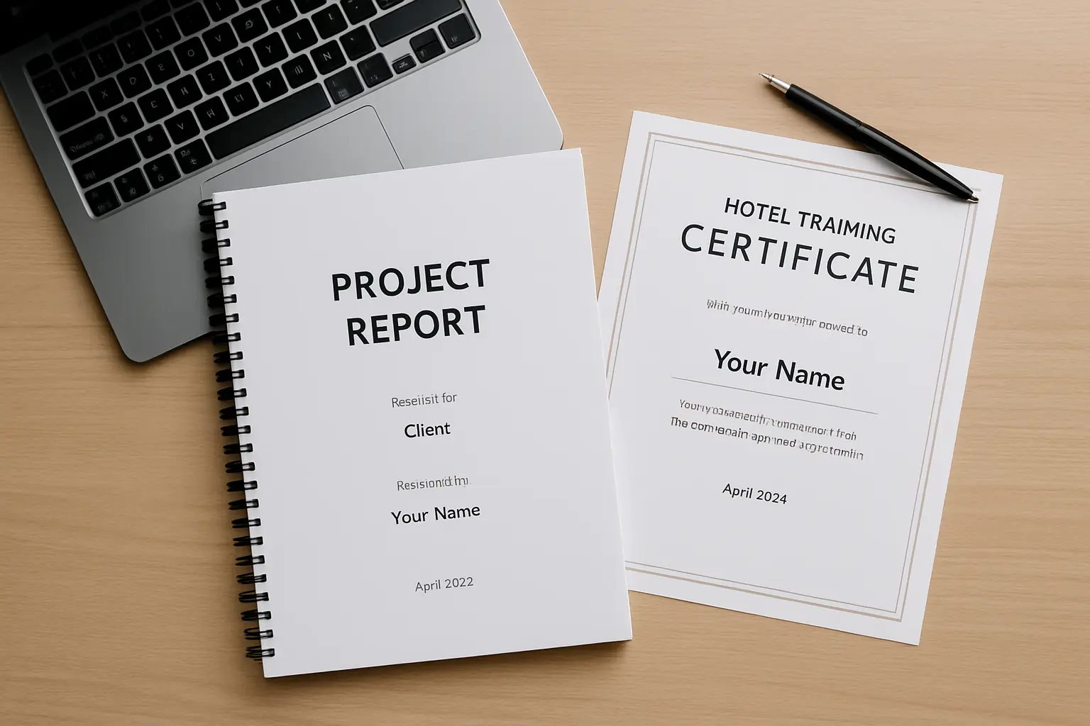 A bound project report with a title page on a desk next to a laptop and a training completion certificate