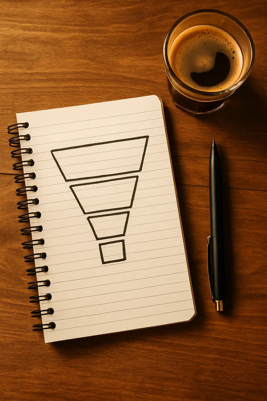 A hand-drawn narrowing funnel diagram in a notebook representing the move from field to research gap
