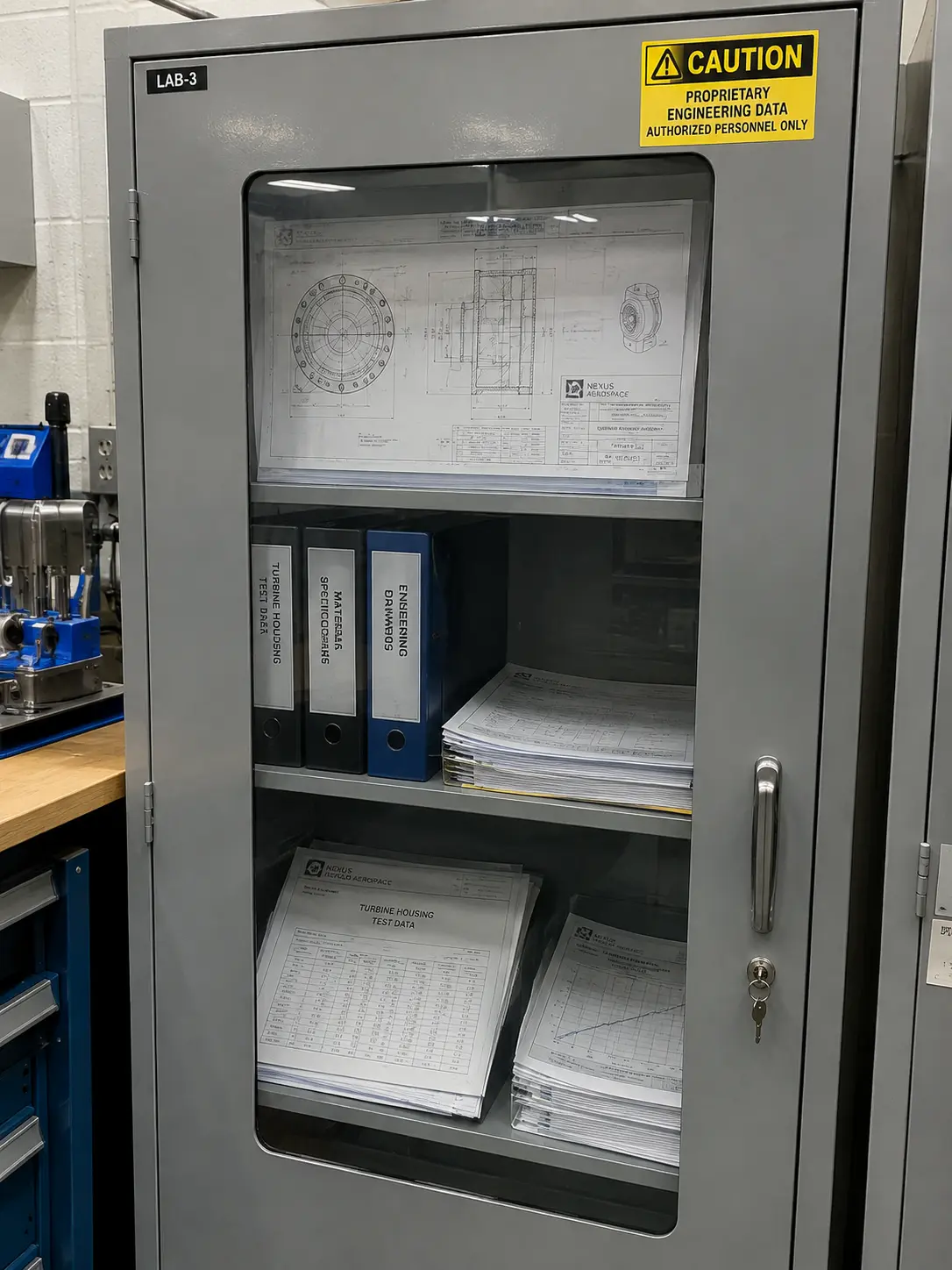 A locked laboratory cabinet holding proprietary engineering drawings and test data sheets