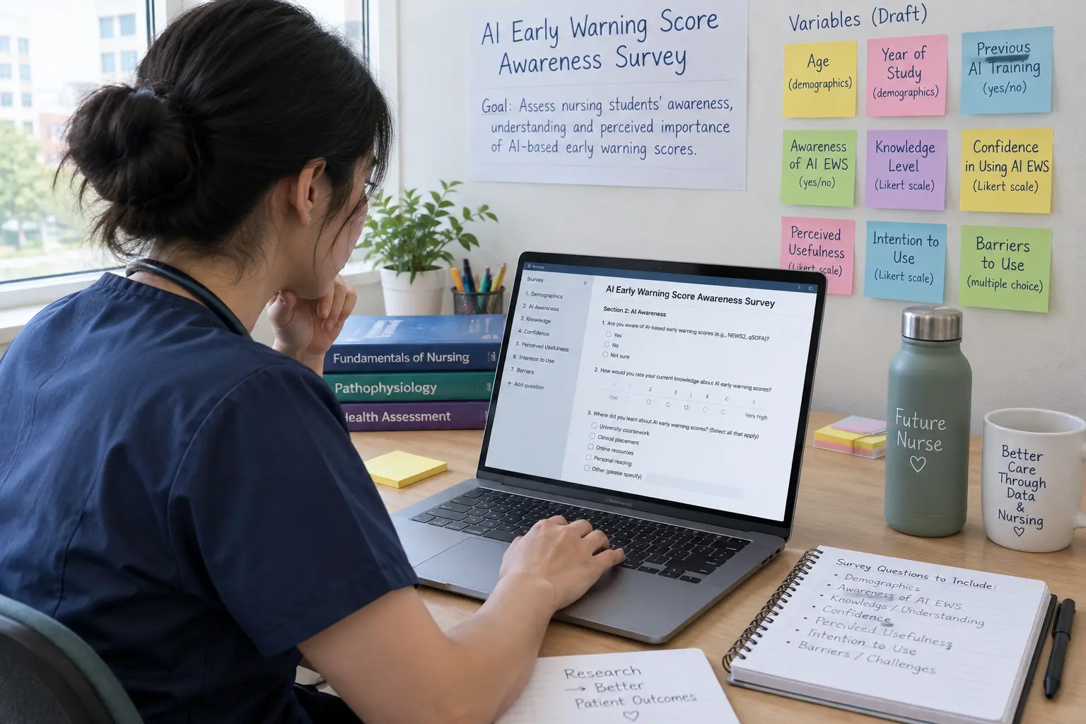 A nursing student sketching out a specific AI-in-nursing thesis framing on a laptop, moving from a broad field to one measurable question