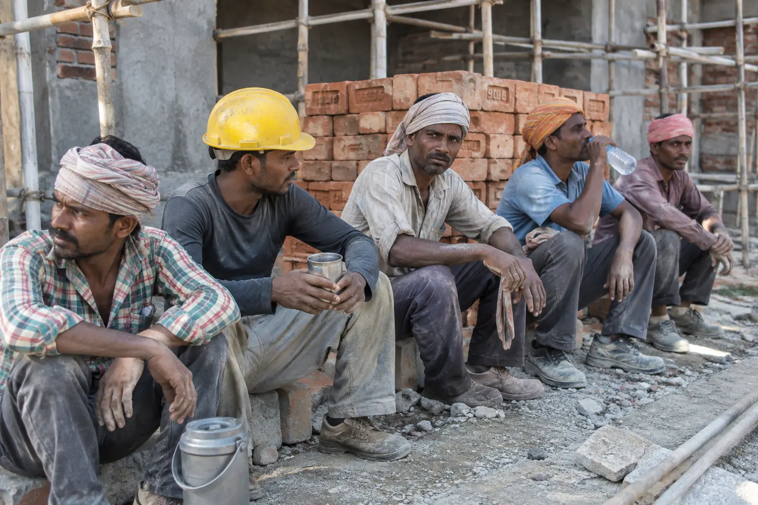 Migrant construction workers at a building site in an Indian city during a break