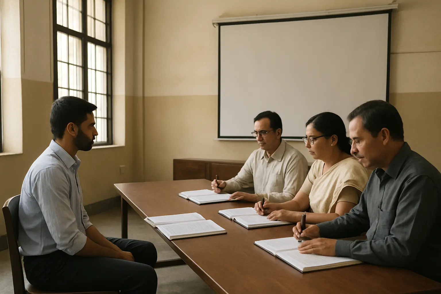 A scholar facing three examiners across a table during a viva voce examination