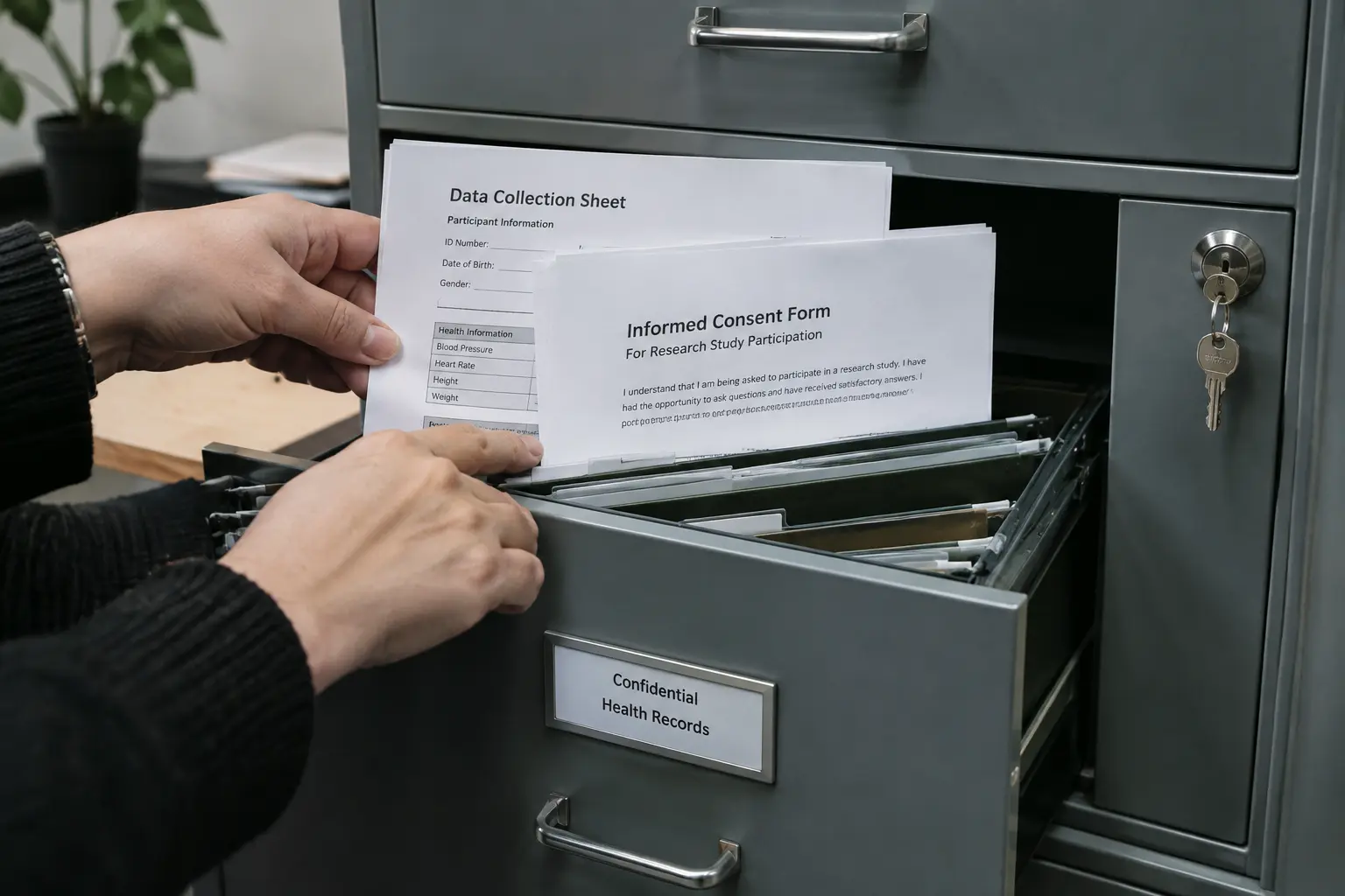 A researcher securely storing consent forms and data collection sheets in a locked cabinet