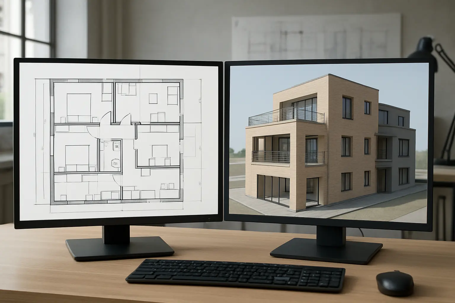 Split screen showing a 2D architectural floor plan in AutoCAD beside a coordinated 3D BIM model in Revit