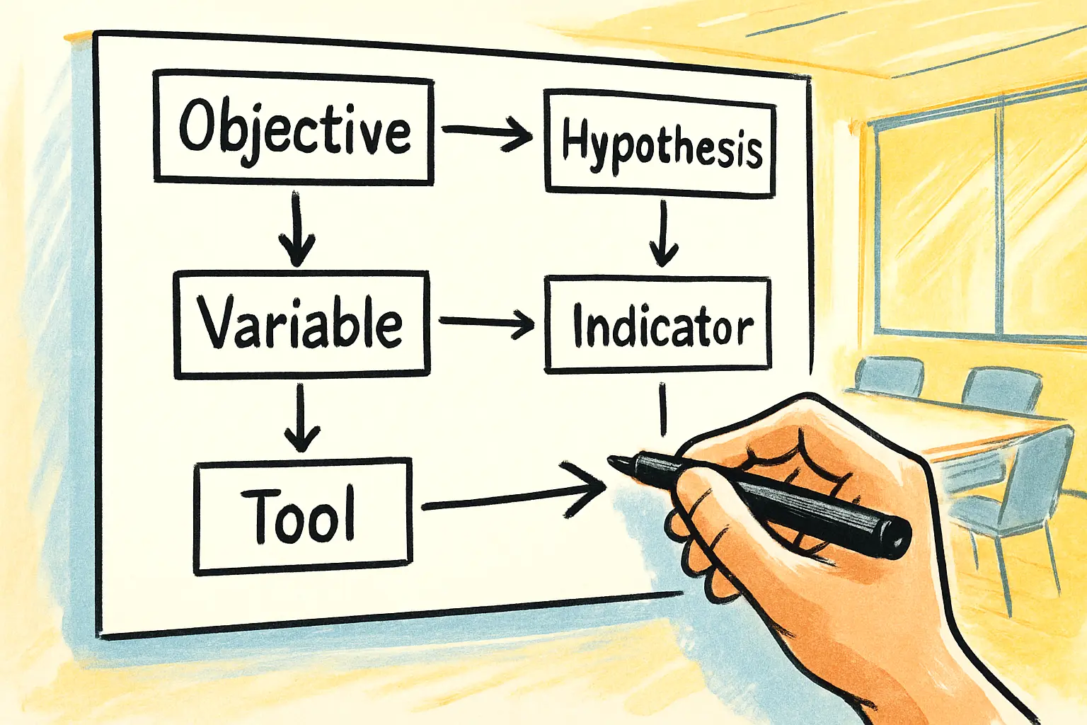 A six-column consistency matrix table sketched on a whiteboard connecting objectives to hypotheses, variables, indicators, data sources and analysis tools