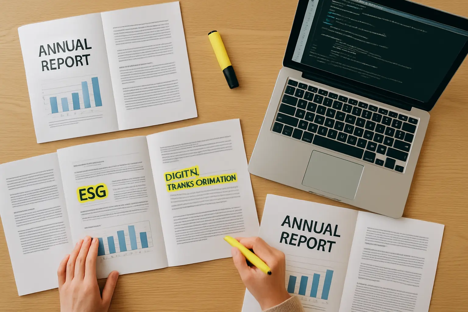 A researcher's desk with printed annual reports highlighted for ESG and digital-transformation sections, laptop with a coding spreadsheet