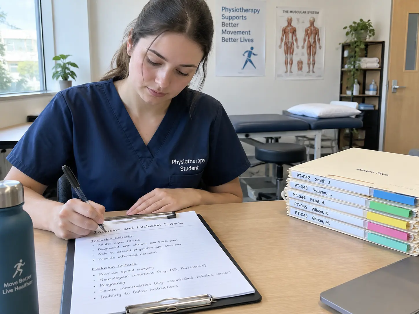 A physiotherapy researcher writing inclusion and exclusion criteria on a laptop in a clinic office