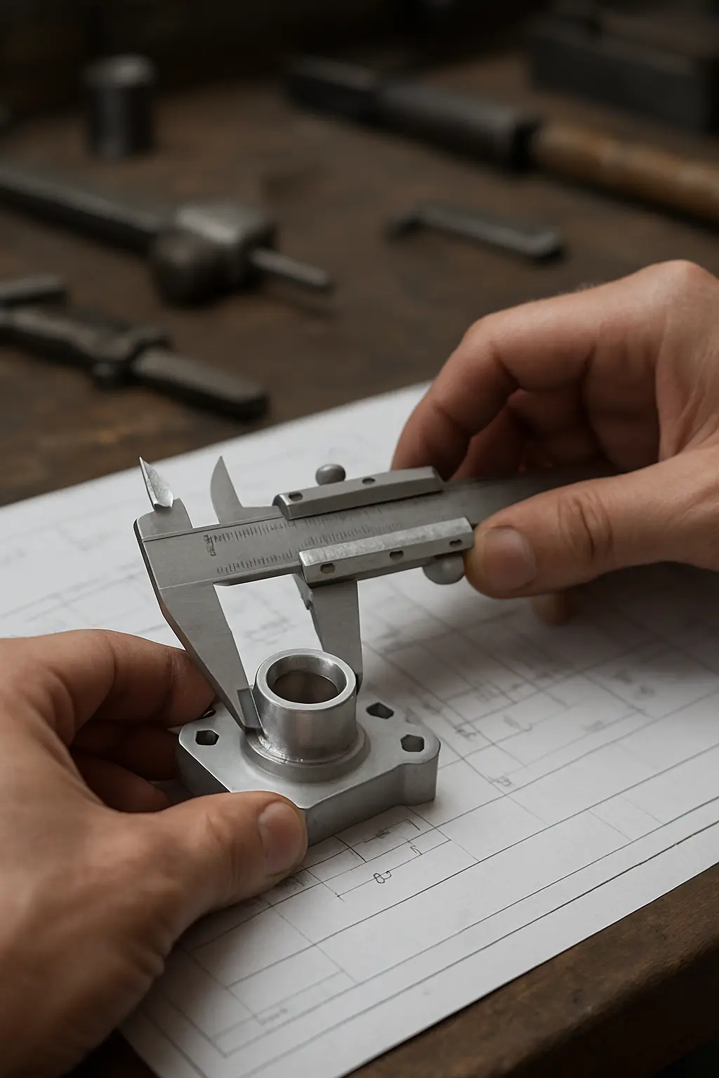 Close-up of a mechanical component being measured with vernier calipers during fabrication testing