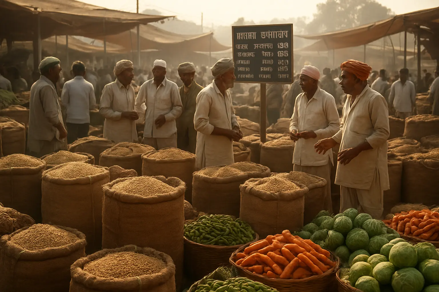 Mandi wholesale market with sacks of grain, traders and a price board