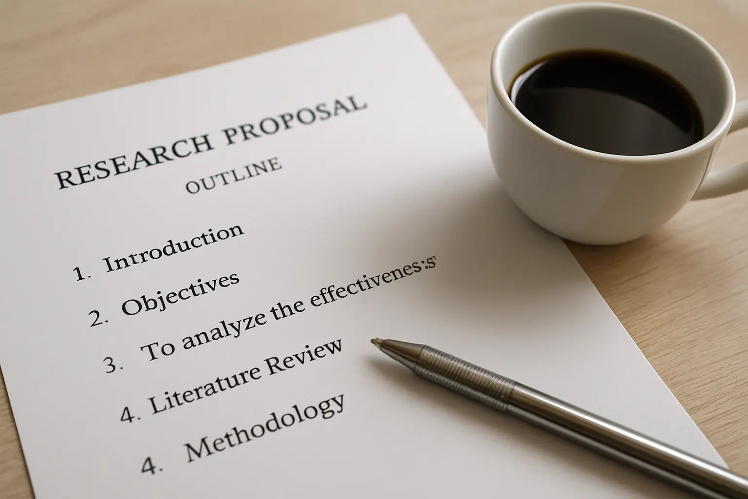 Close-up of a numbered M.Ed research proposal outline with an objective underlined in pen