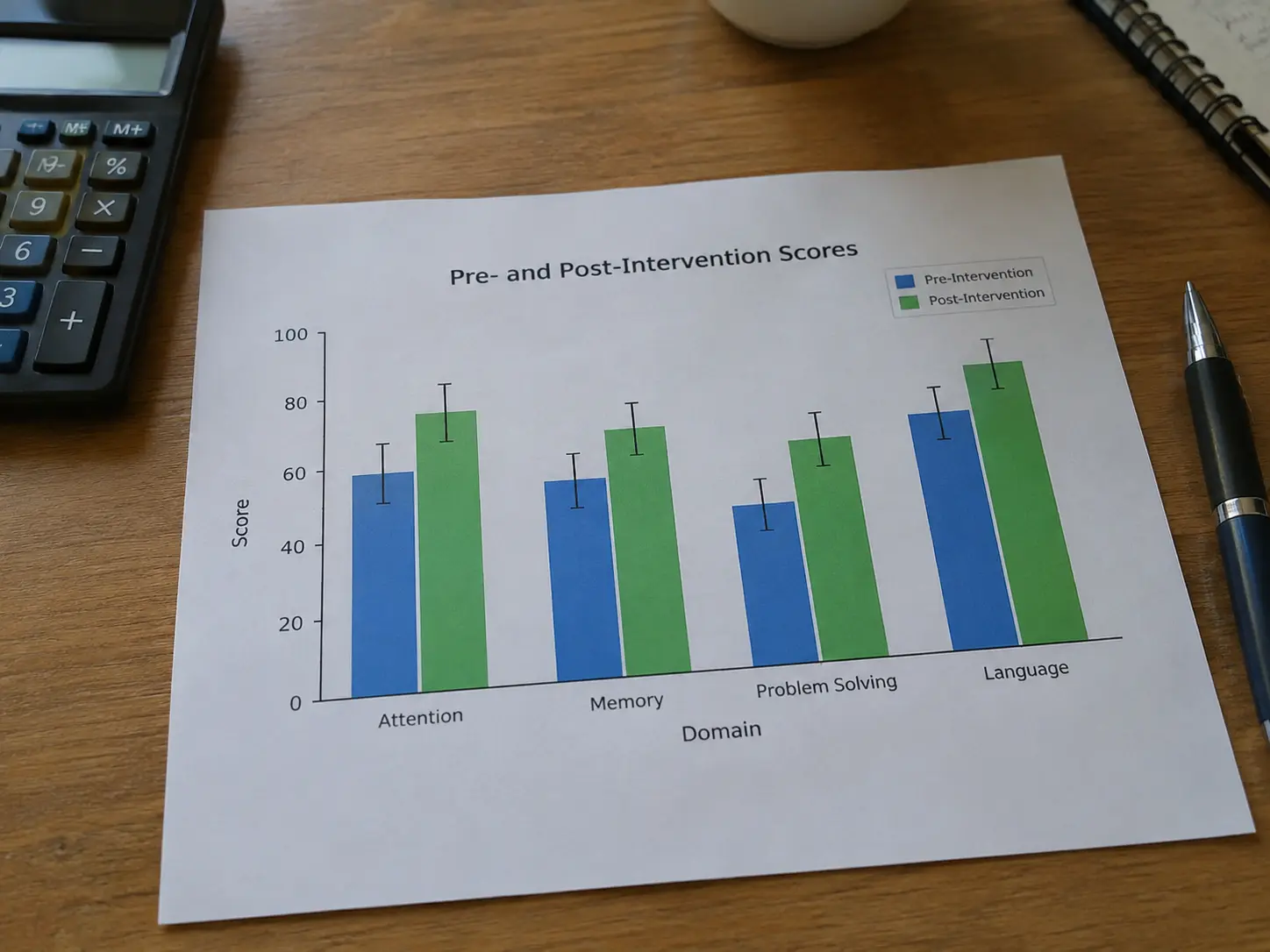 A bar chart comparing pre- and post-intervention outcome scores with error bars, printed on paper
