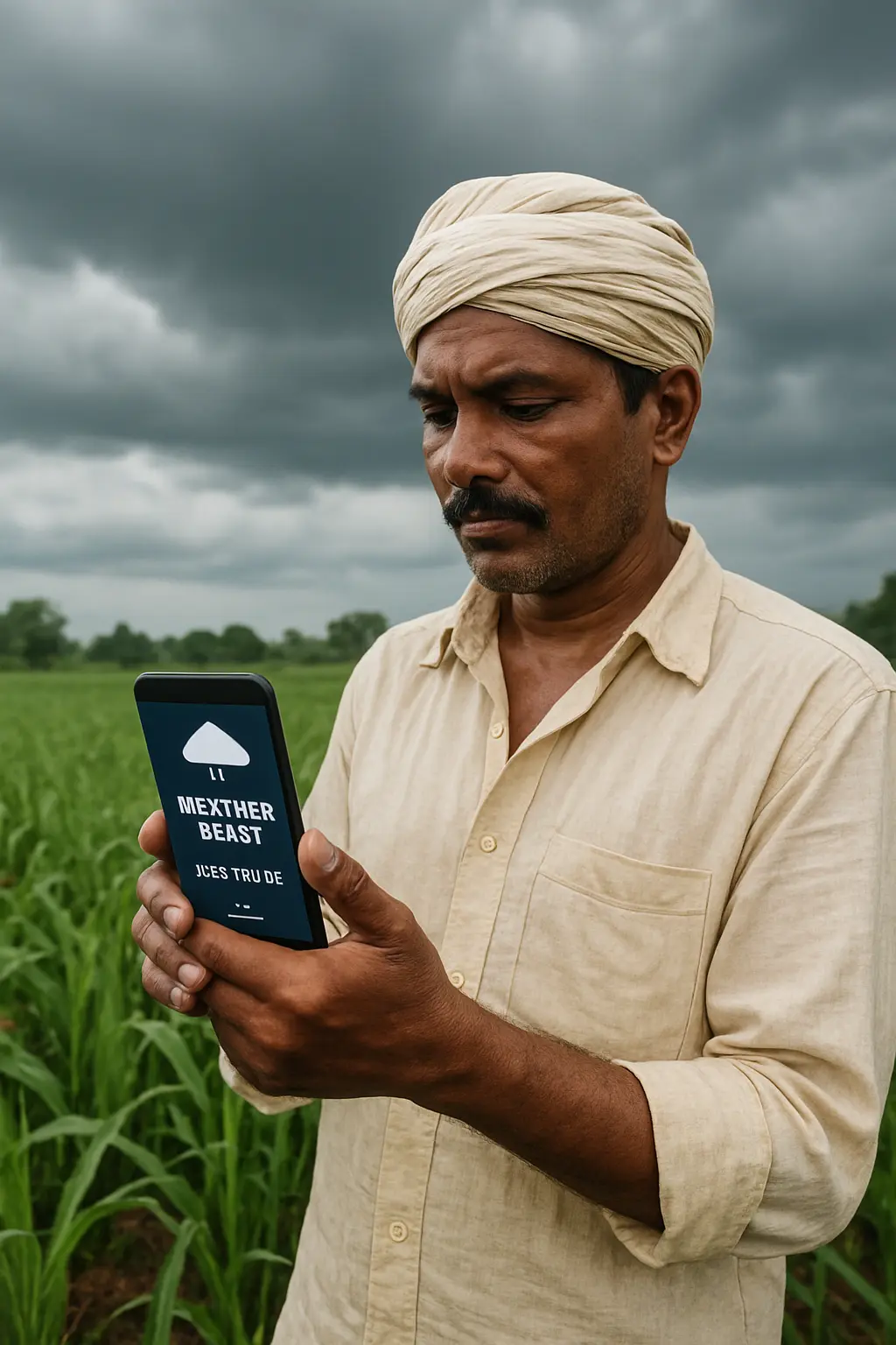Farmer checking a weather advisory on a mobile phone while standing in a field