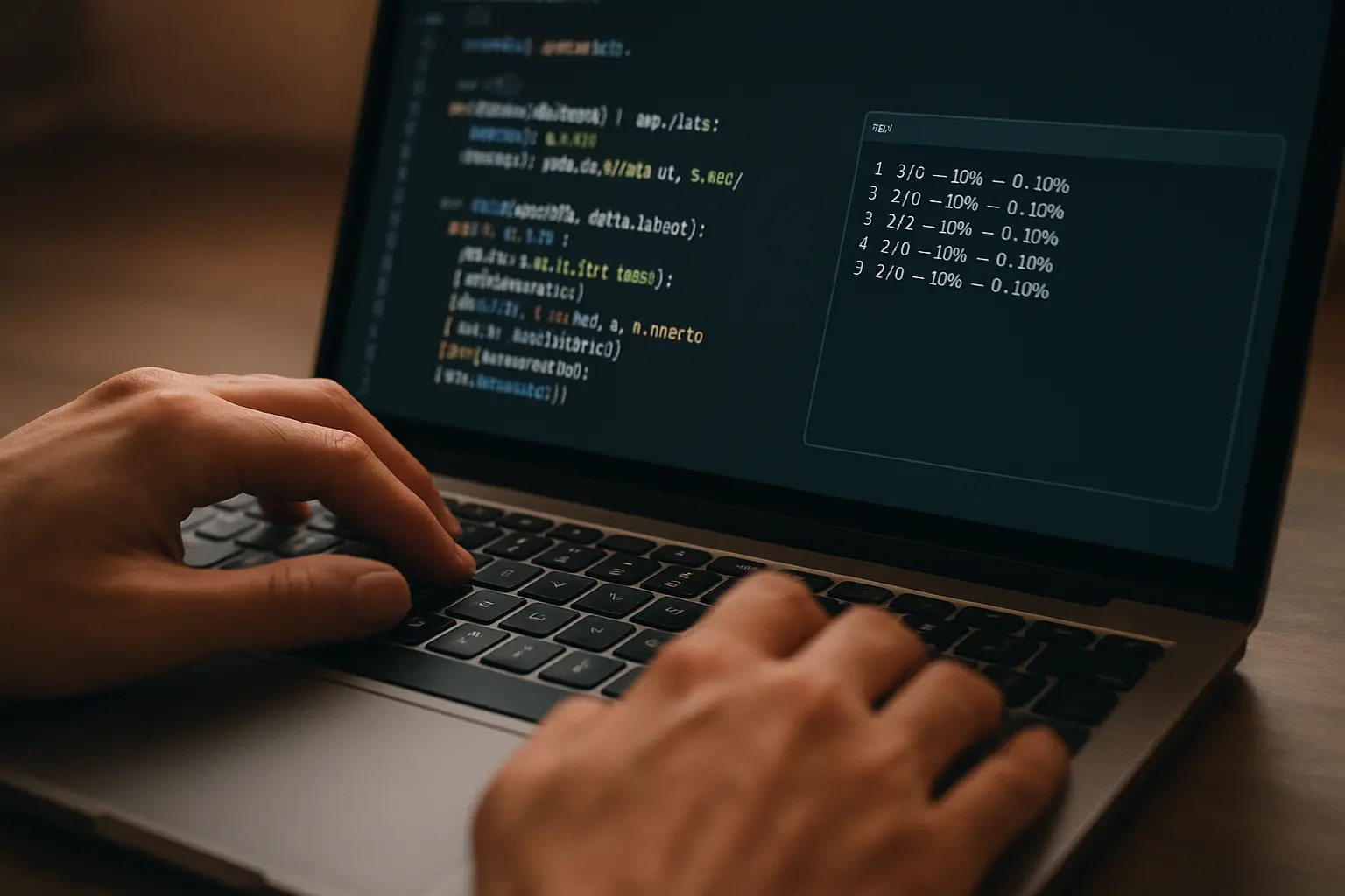 Close-up of hands typing on a laptop keyboard with code and a terminal window visible on screen