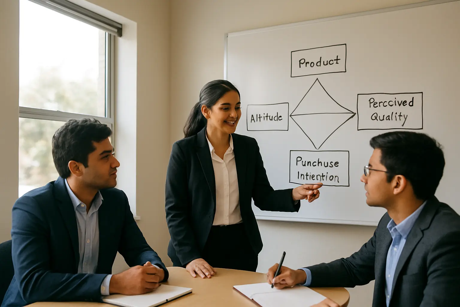 MBA students in India sketching a conceptual framework with variables on a whiteboard before building their operationalisation table