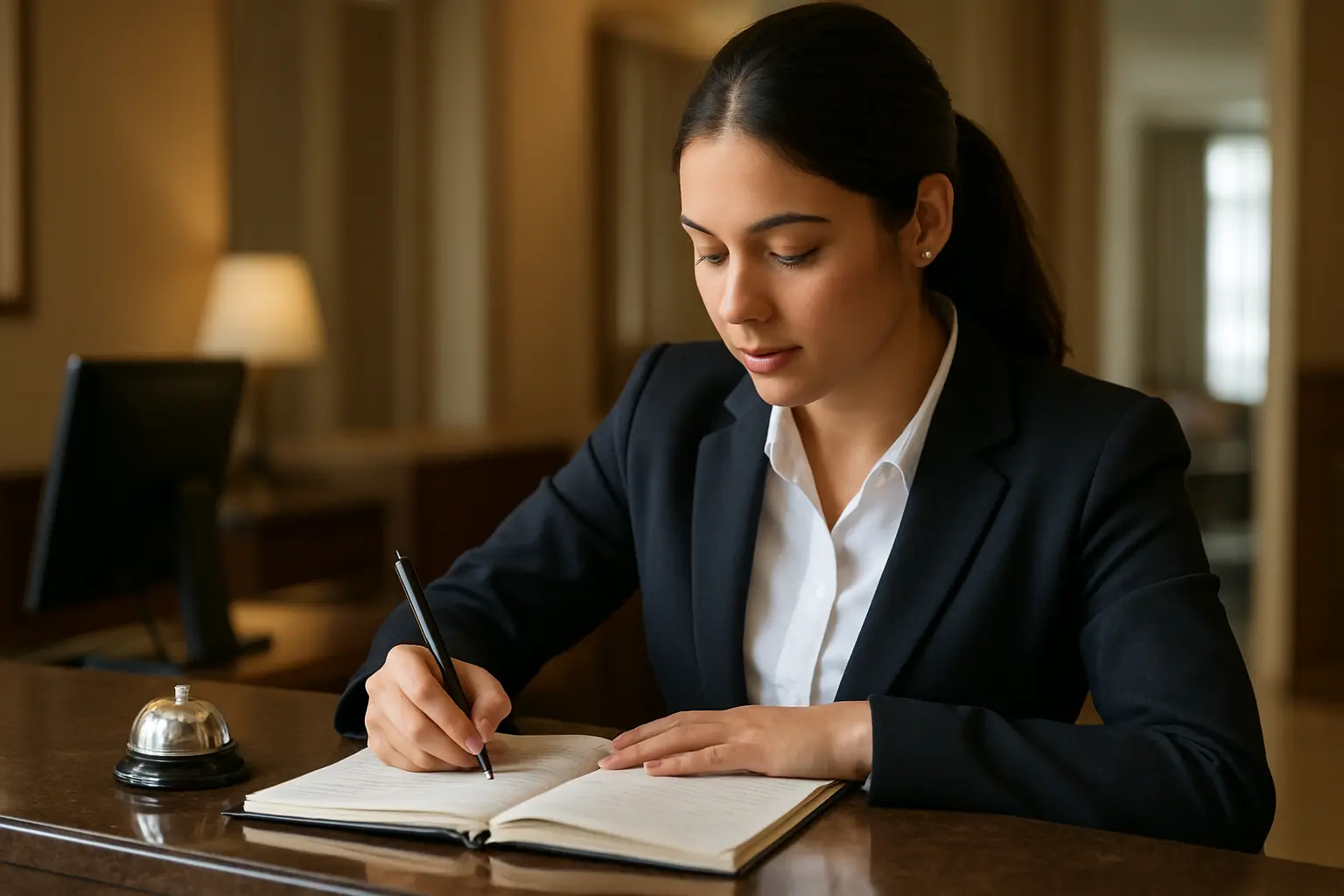 A hospitality management student writing research questions in a notebook at a hotel front desk