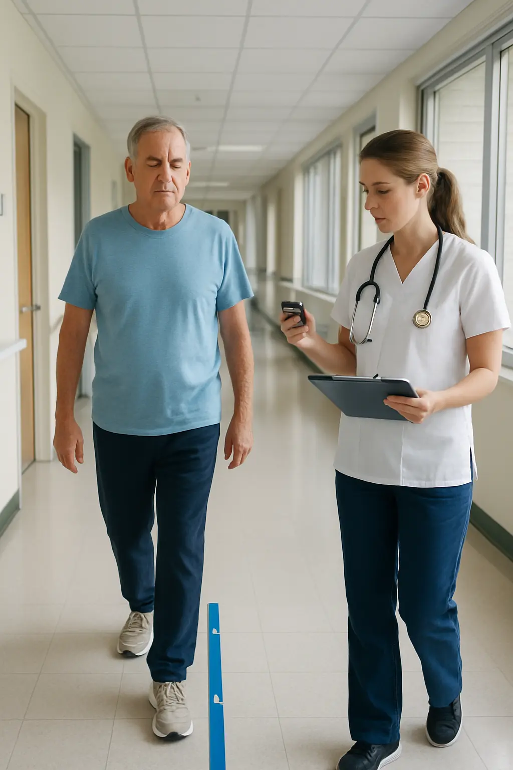 Patient performing a six-minute walk test in a hospital corridor with a physiotherapist timing and recording