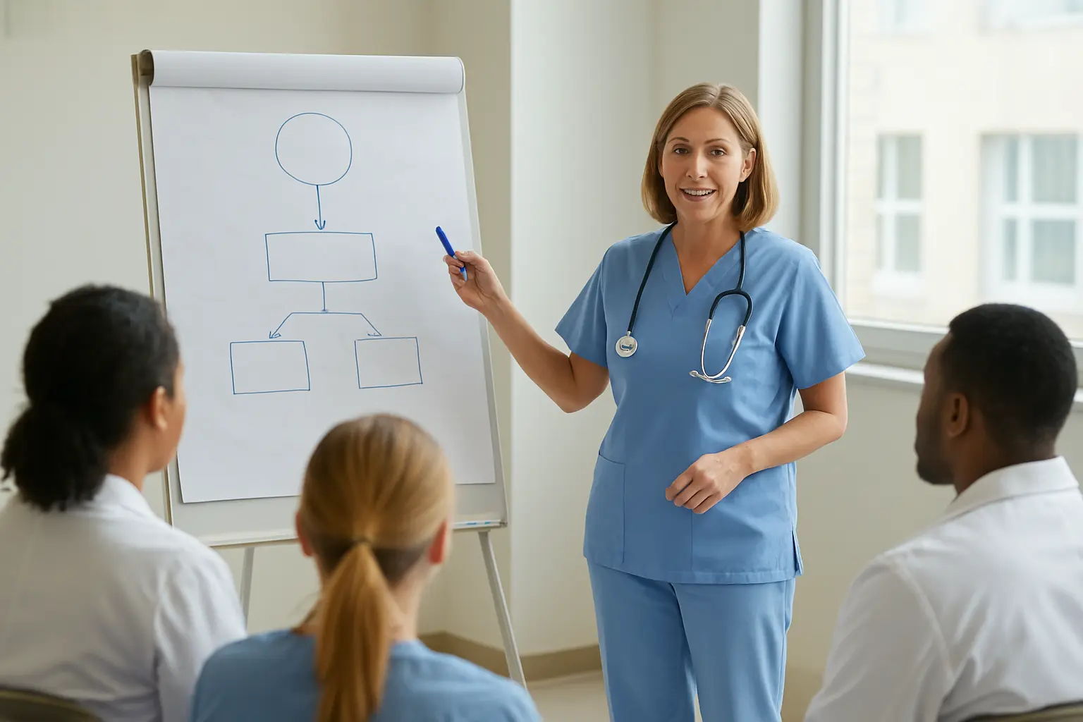 A nurse researcher delivering a structured teaching session to a small group using a flip chart, in a hospital or classroom setting