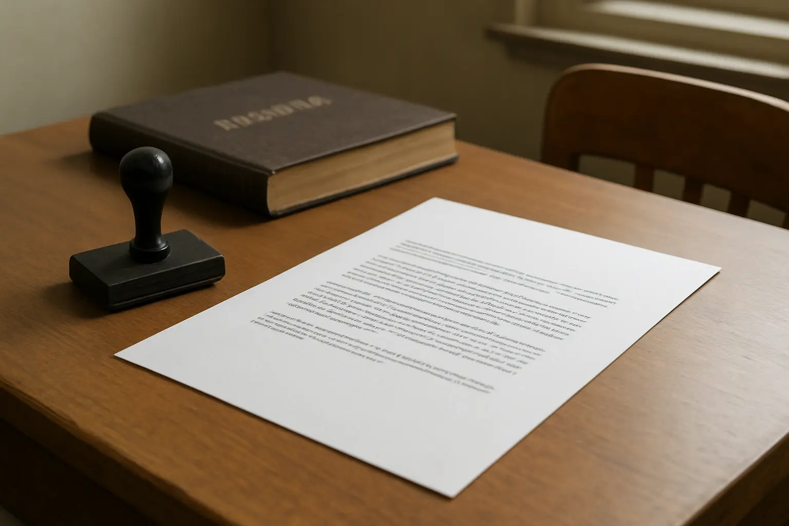 A typed permission letter on a school office desk beside a rubber stamp and a register