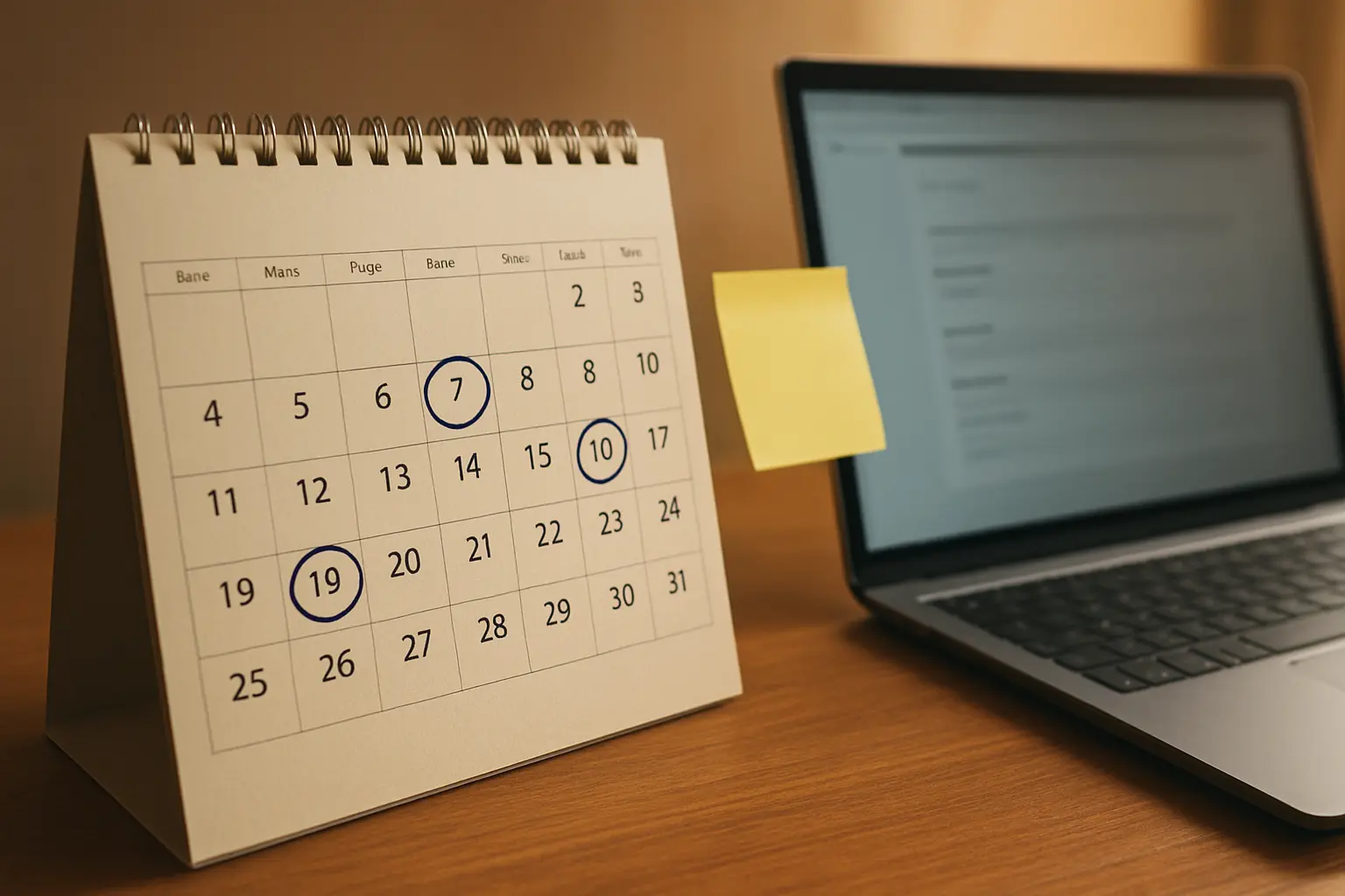 A wall calendar with application dates circled in pen beside a laptop on a study desk