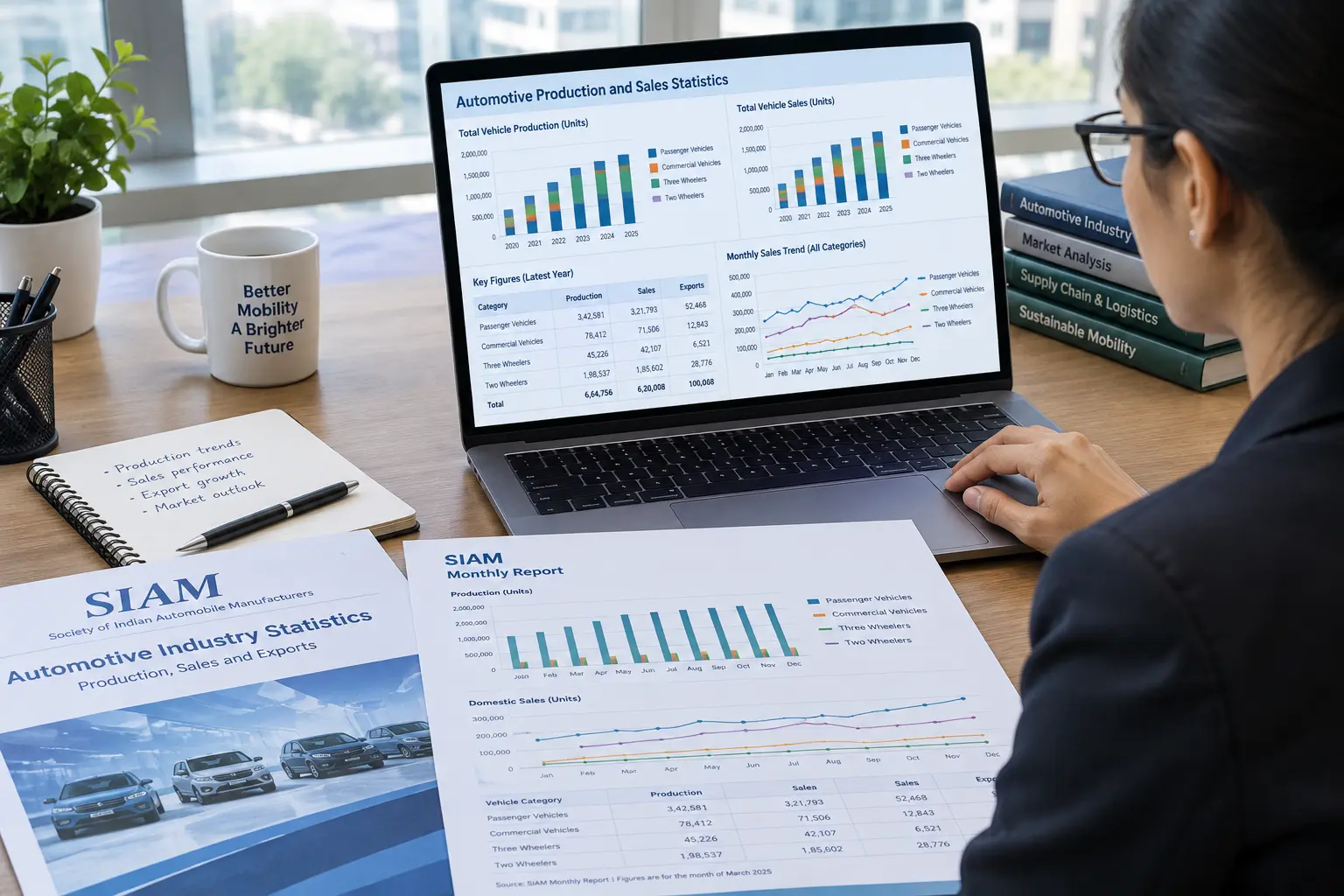 A mechanical engineering student reviewing SIAM automotive production statistics on a laptop