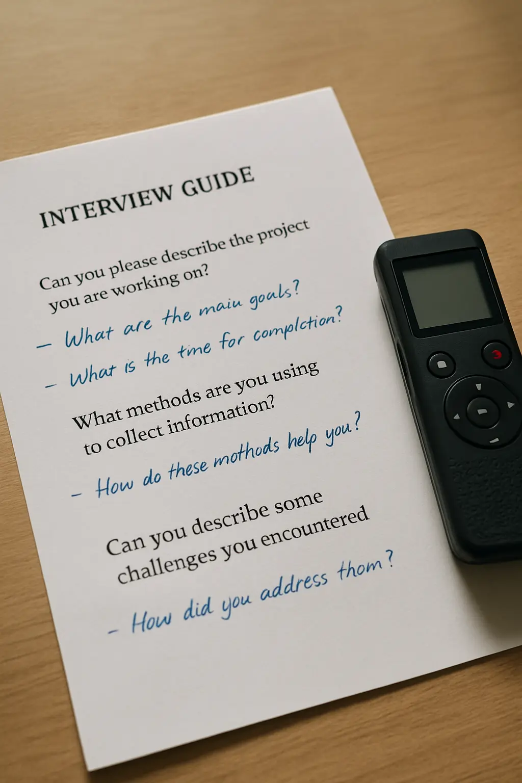 Close-up of a printed social work interview guide with handwritten probe annotations and a voice recorder beside it