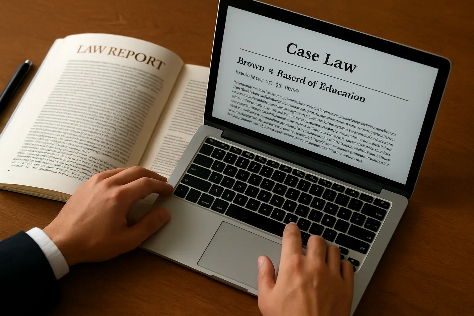 A law student cross-checking a case citation on a laptop screen against a printed law report