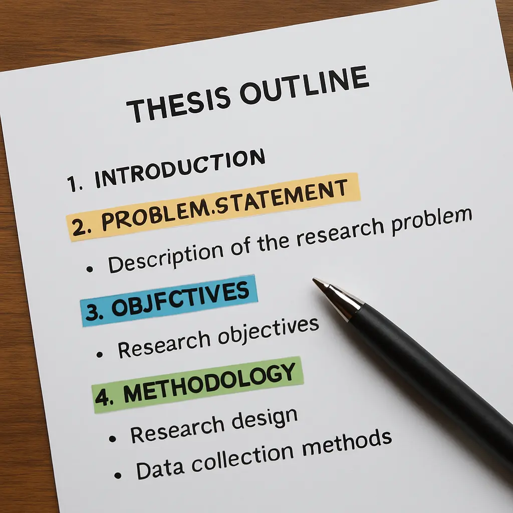 A nursing student reviewing a printed thesis outline with sections marked for problem statement, objectives and methodology