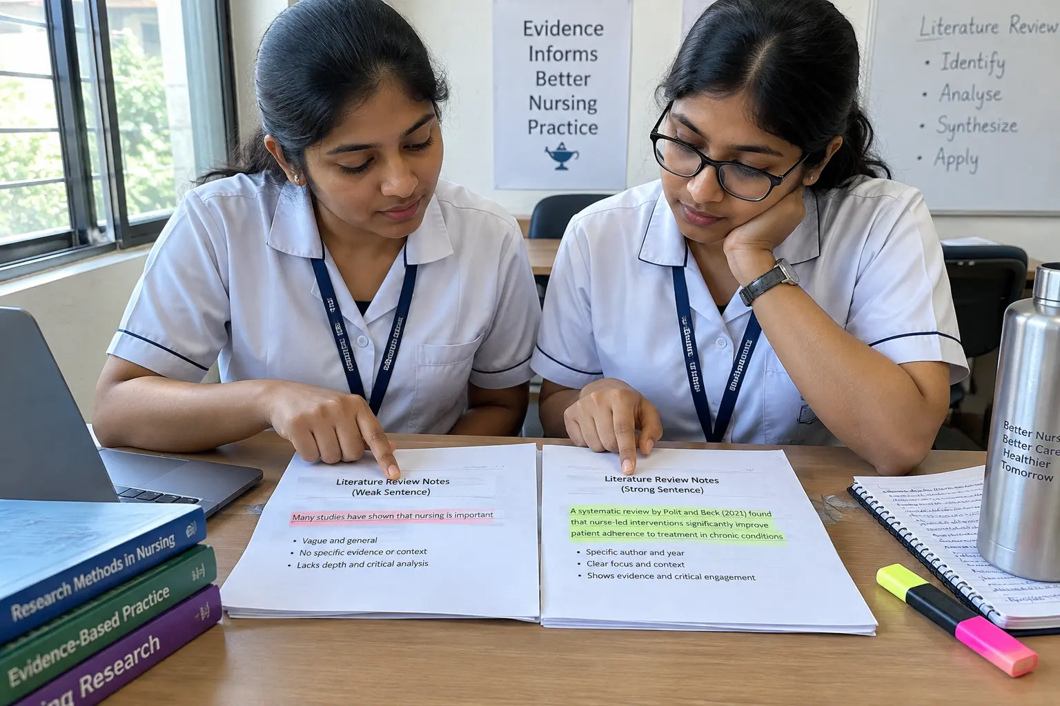 Two Indian nursing scholars comparing a weak and a strong research gap statement on printed notes