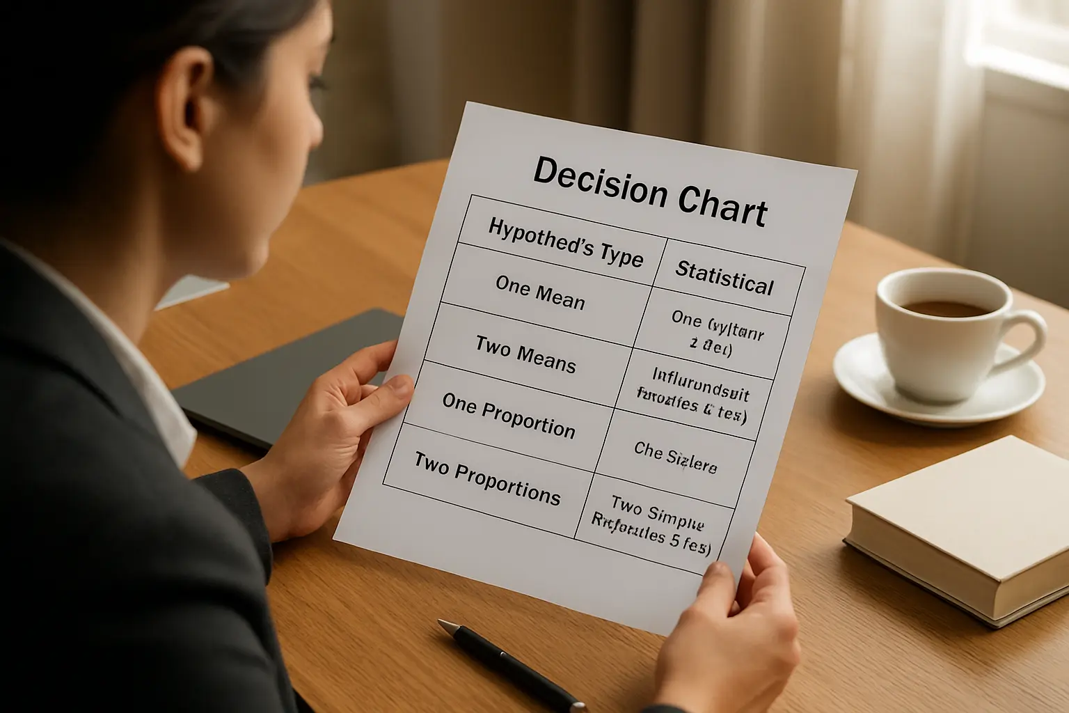 A hotel management student reviewing a printed decision chart pairing hypothesis types with statistical tests