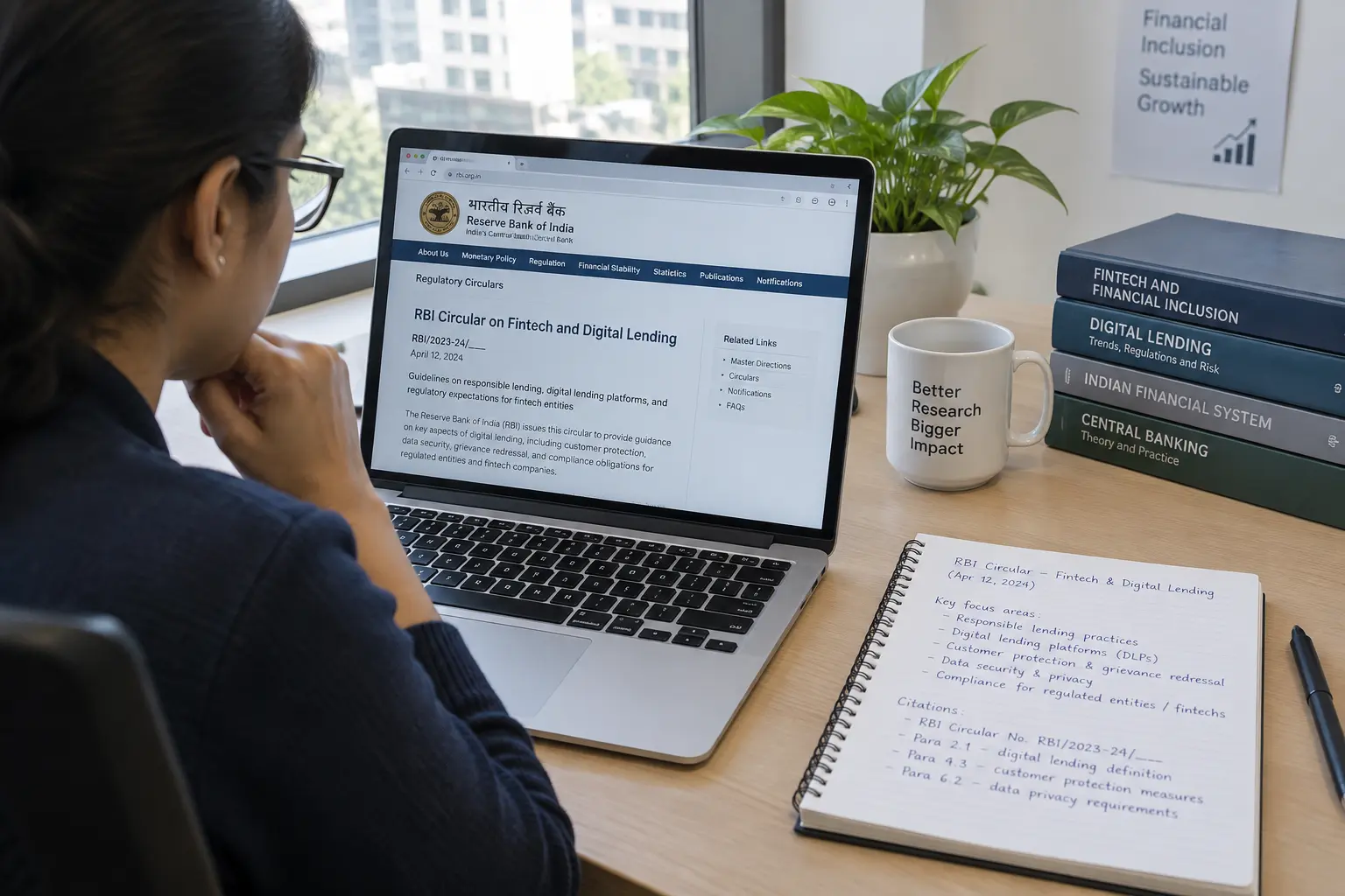 A finance researcher reading an RBI regulatory circular on fintech and digital lending on a laptop